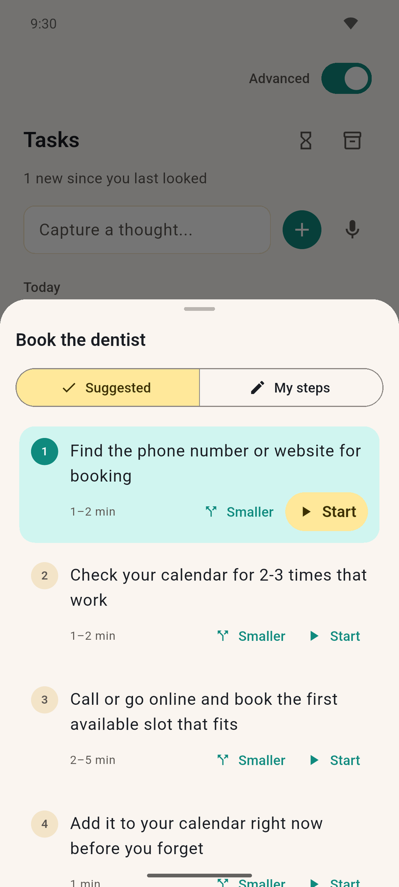 Book the dentist, broken into steps: find the phone number or website first. Each step has a time estimate, a Smaller button and Start.