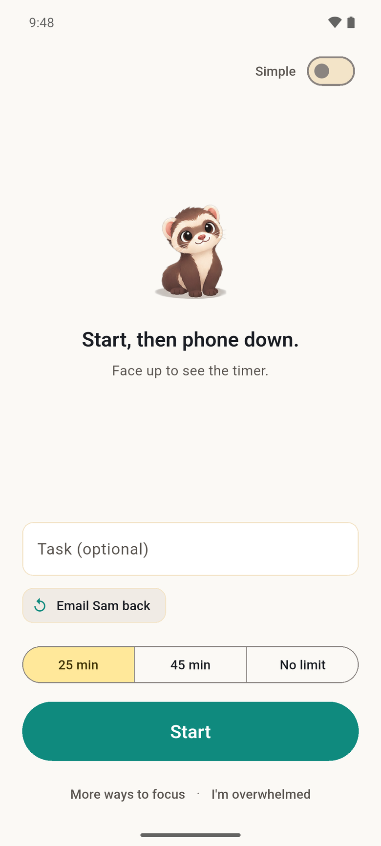 The TryCoax home screen: Start, then phone down. A task, 25 or 45 minutes or no limit, and a Start button.