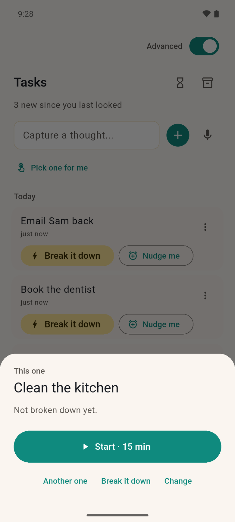Pick one for me has chosen Clean the kitchen, with a Start · 15 min button and Another one, Break it down and Change below.