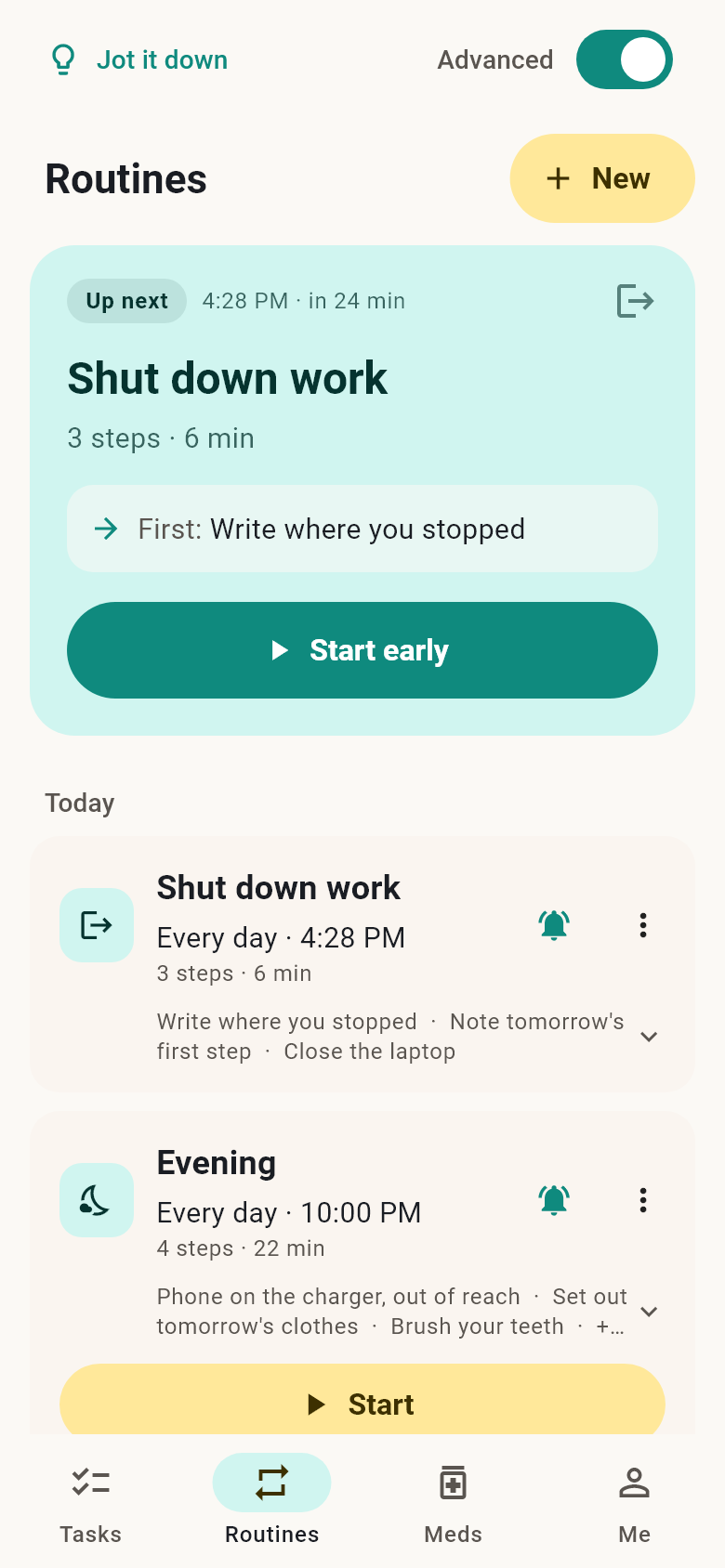 The Routines screen: an Up next card for Shut down work in 24 minutes, its first step, and Start early, with today's routines below.